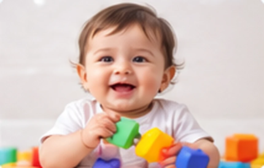 Smiling baby playing with stacking blocks